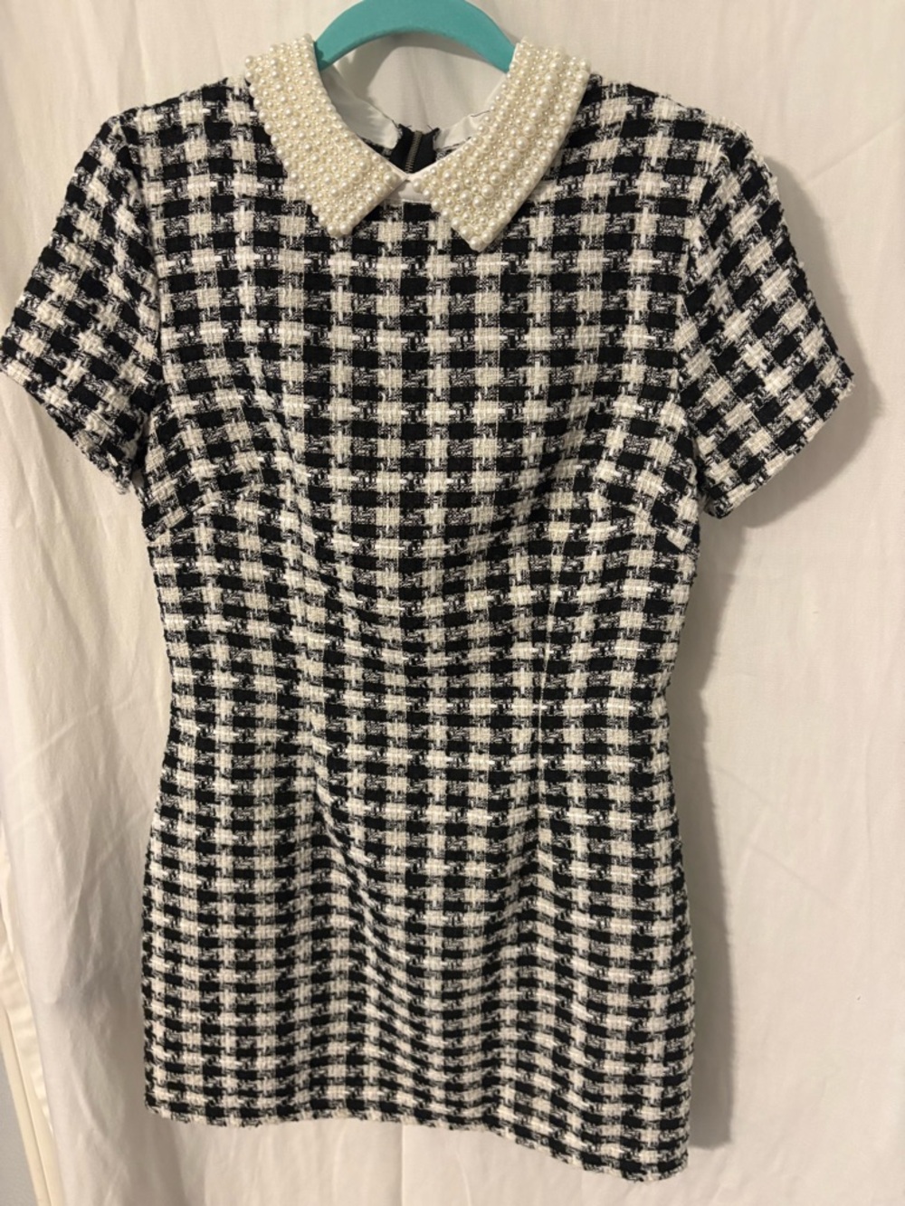City Studio Black and White Check Pearl Collar Tweed Mini Dress